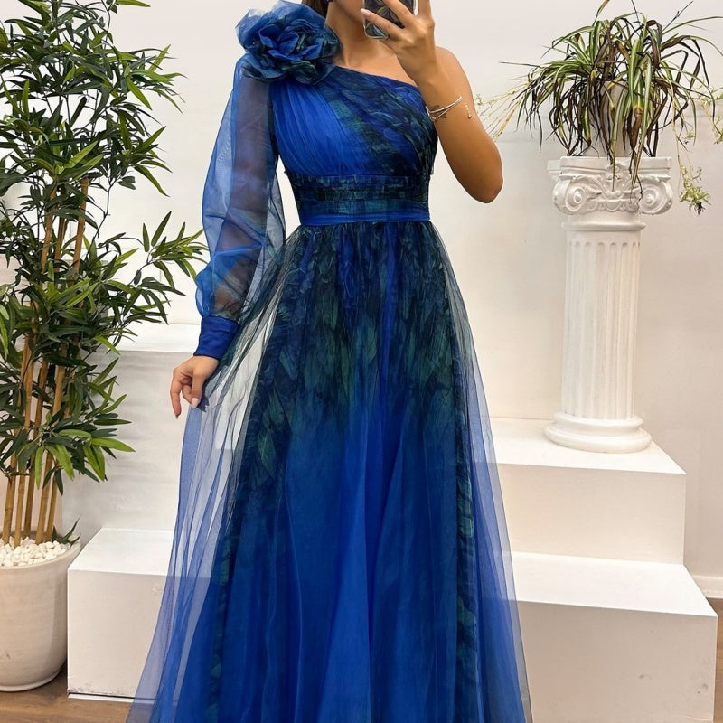 🔥Ihre Schönheitswahl🔥Damen modisches bedrucktes Kleid mit schräger Schulter aus Mesh