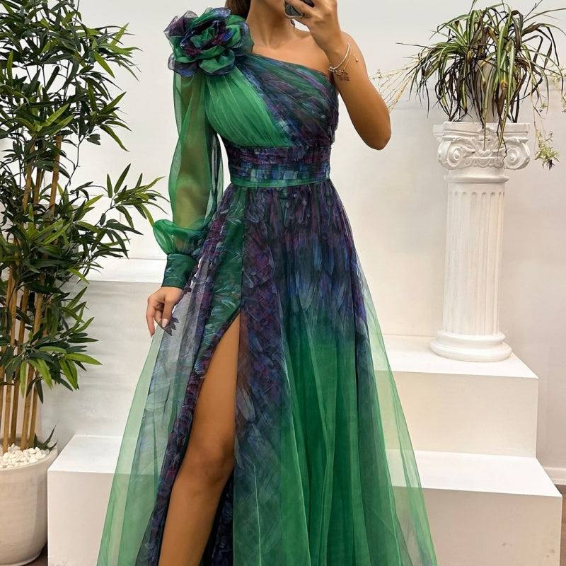 🔥Ihre Schönheitswahl🔥Damen modisches bedrucktes Kleid mit schräger Schulter aus Mesh