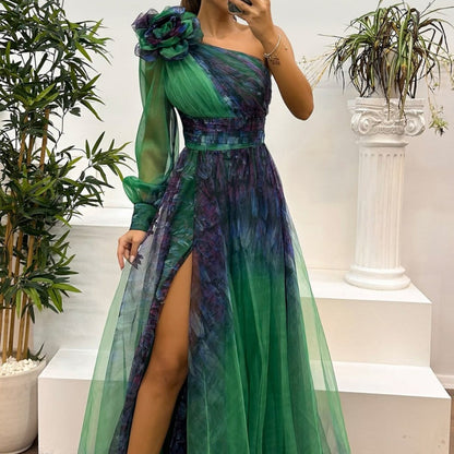 🔥Ihre Schönheitswahl🔥Damen modisches bedrucktes Kleid mit schräger Schulter aus Mesh