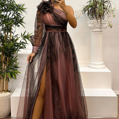 🔥Ihre Schönheitswahl🔥Damen modisches bedrucktes Kleid mit schräger Schulter aus Mesh