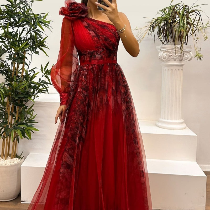 🔥Ihre Schönheitswahl🔥Damen modisches bedrucktes Kleid mit schräger Schulter aus Mesh