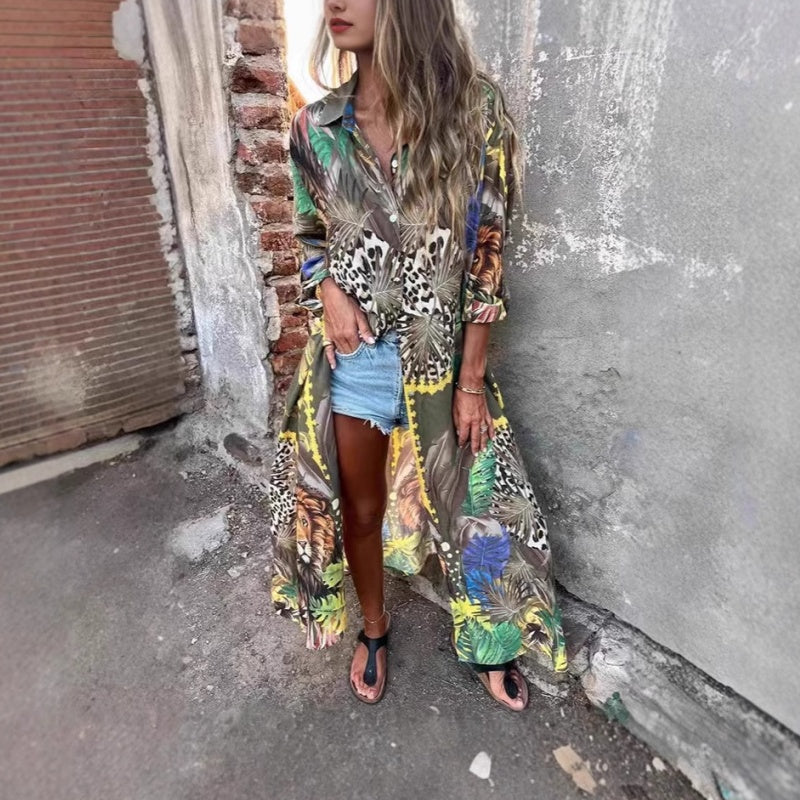 🔥Printed Long Sleeve Lapel Open-Front Dress🔥