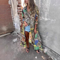 Printed Long Sleeve Lapel Open-Front Dress