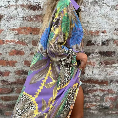 🔥Printed Long Sleeve Lapel Open-Front Dress🔥