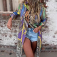 Printed Long Sleeve Lapel Open-Front Dress