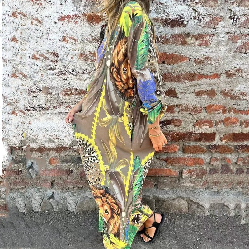 🔥Printed Long Sleeve Lapel Open-Front Dress🔥
