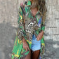 Printed Long Sleeve Lapel Open-Front Dress