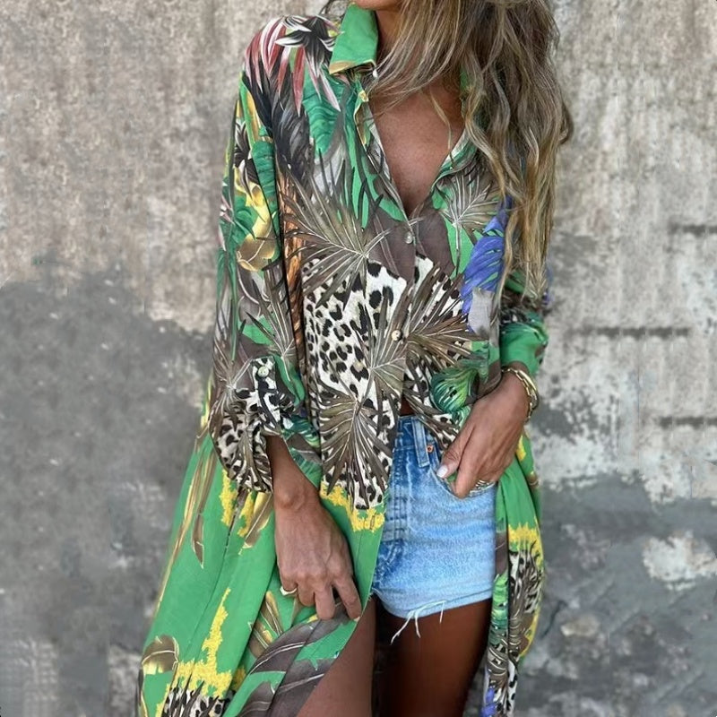 🔥Printed Long Sleeve Lapel Open-Front Dress🔥