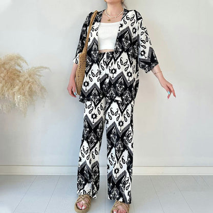 🔥Gedruckte mittlere Ahnung Cardigan & Trendy Wide-Bein-Hosen zweiteiliger Set🔥