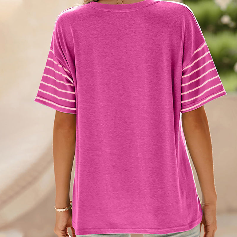 🌸Lässiges Damen-Oberteil mit Rundhalsausschnitt, gestreiftem Farbkontrast und kurzen Ärmeln