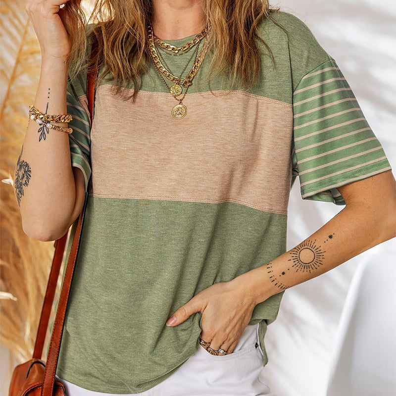 🌸Lässiges Damen-Oberteil mit Rundhalsausschnitt, gestreiftem Farbkontrast und kurzen Ärmeln