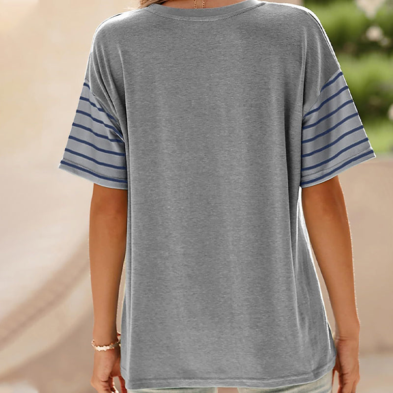 🌸Lässiges Damen-Oberteil mit Rundhalsausschnitt, gestreiftem Farbkontrast und kurzen Ärmeln