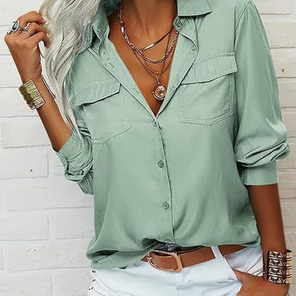 👚🤍 Einfarbiges Damen-Hemd mit Revers, langen Ärmeln & Button-Down-Kragen