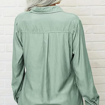 👚🤍 Einfarbiges Damen-Hemd mit Revers, langen Ärmeln & Button-Down-Kragen