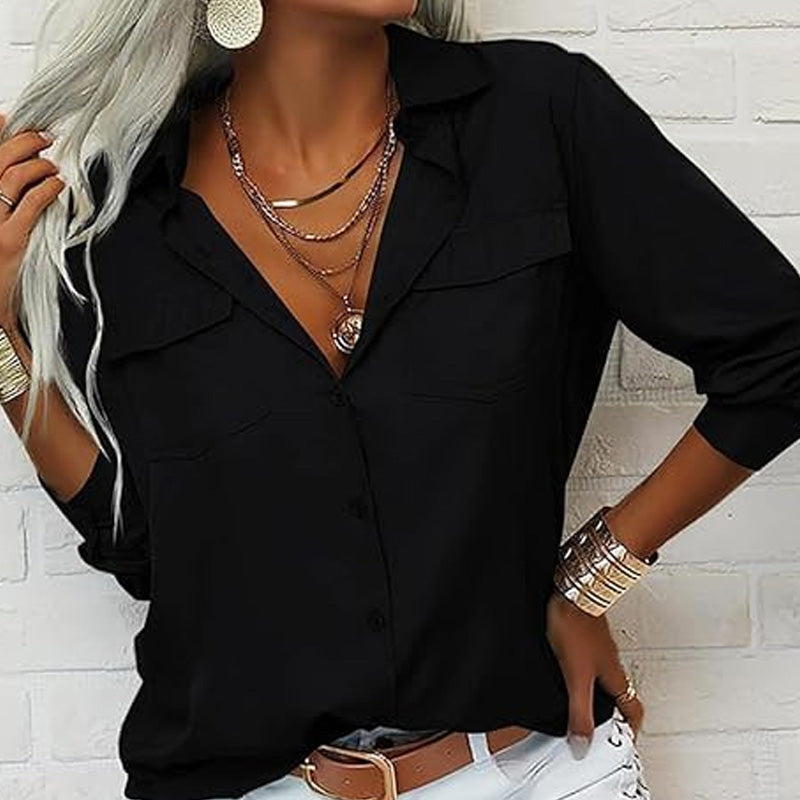 👚🤍 Einfarbiges Damen-Hemd mit Revers, langen Ärmeln & Button-Down-Kragen