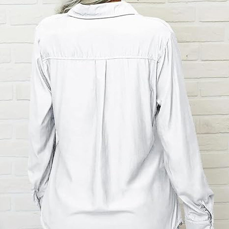 👚🤍 Einfarbiges Damen-Hemd mit Revers, langen Ärmeln & Button-Down-Kragen