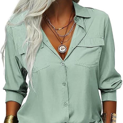 👚🤍 Einfarbiges Damen-Hemd mit Revers, langen Ärmeln & Button-Down-Kragen