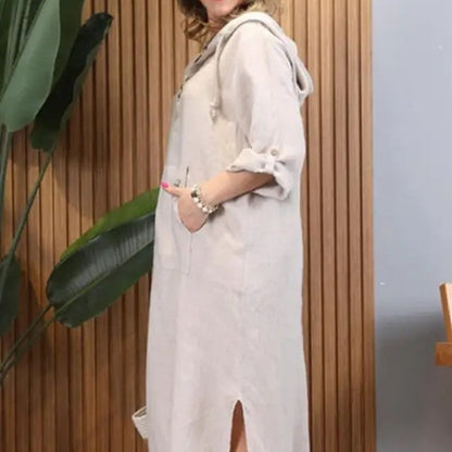 🔥Women’s Solid Long-Sleeve Slit Hooded Long Dress