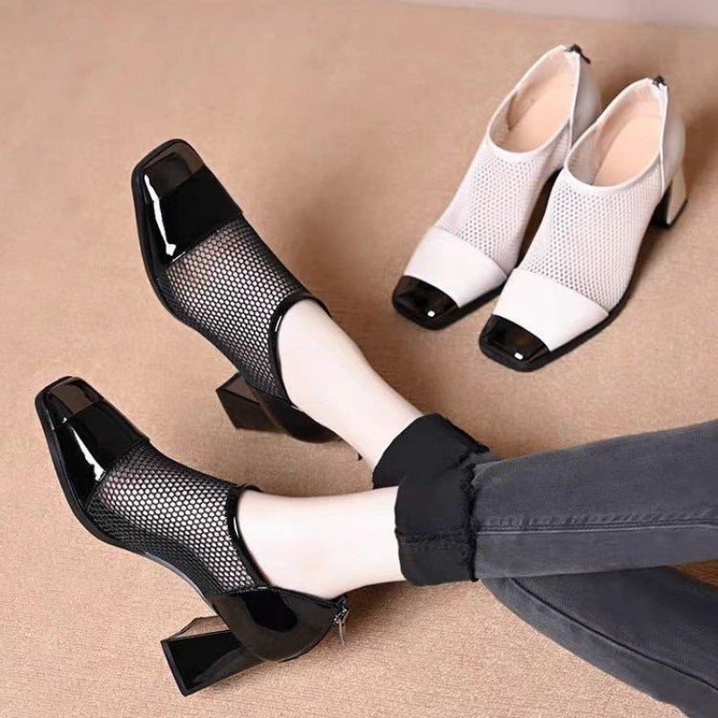 Frauen modische hundert Mesh klobige Fersenquadrat -Zehenschuhe👞