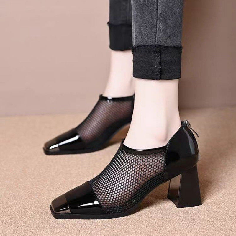 Frauen modische hundert Mesh klobige Fersenquadrat -Zehenschuhe👞