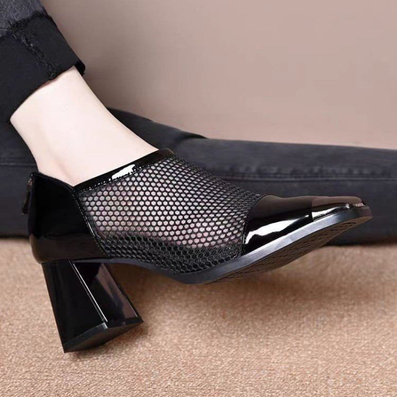 Frauen modische hundert Mesh klobige Fersenquadrat -Zehenschuhe👞