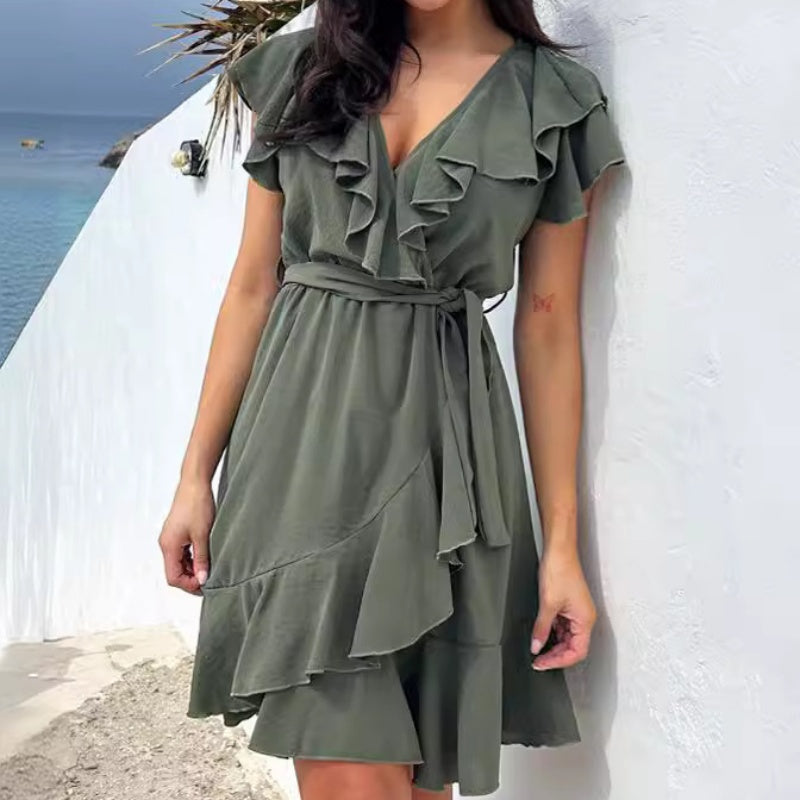 🏖️Sommer-Hot-Sale - 60% Rabatt🌸Elegantes Rüschenkleid mit Taillenschnürung und V-Ausschnitt für Damen