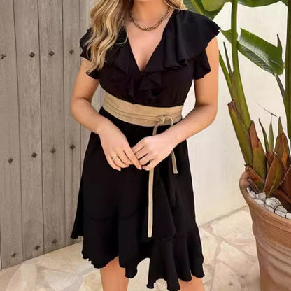 🏖️Sommer-Hot-Sale - 60% Rabatt🌸Elegantes Rüschenkleid mit Taillenschnürung und V-Ausschnitt für Damen