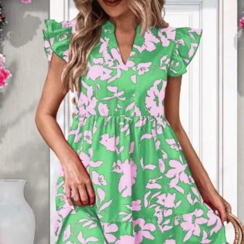 🌺Kleid mit V-Ausschnitt und Rüschenärmeln