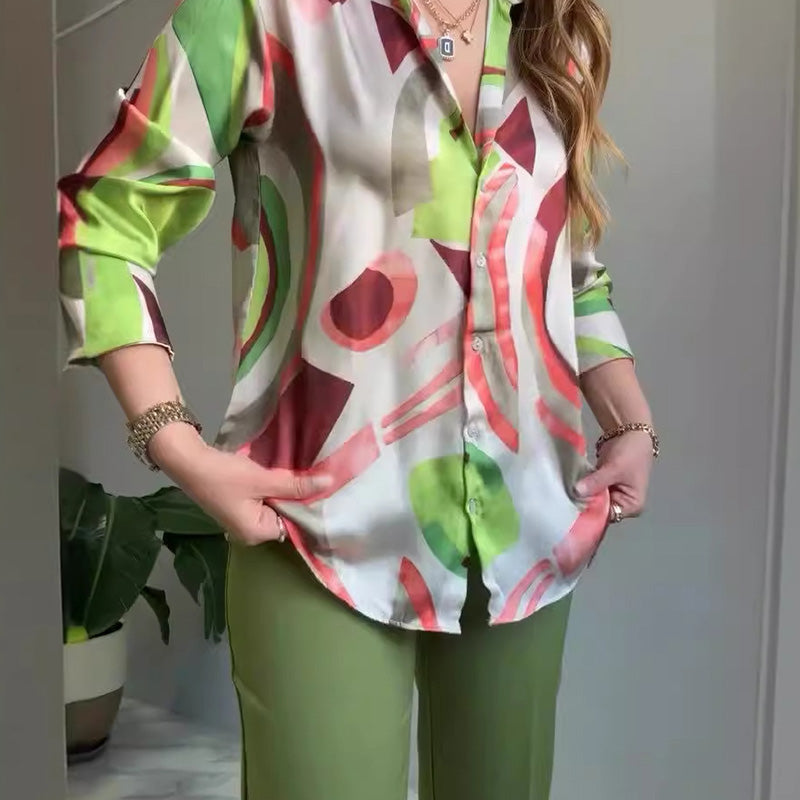 ⏳Begrenzte Zeit 50% Rabatt💥2-teiliges Set aus bedrucktem Hemd und Hose mit Knöpfen für Damen