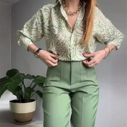 ⏳Begrenzte Zeit 50% Rabatt💥2-teiliges Set aus bedrucktem Hemd und Hose mit Knöpfen für Damen