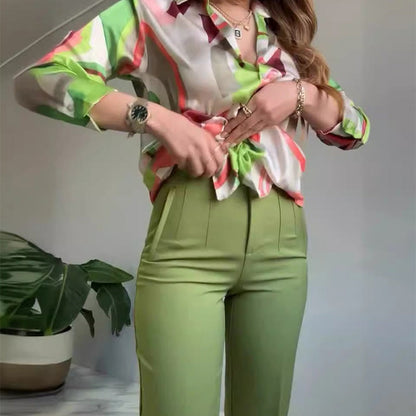 ⏳Begrenzte Zeit 50% Rabatt💥2-teiliges Set aus bedrucktem Hemd und Hose mit Knöpfen für Damen
