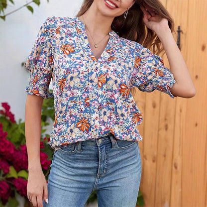 🌸Bluse mit Blumenmuster und Puffärmeln und V-Ausschnitt für Damen