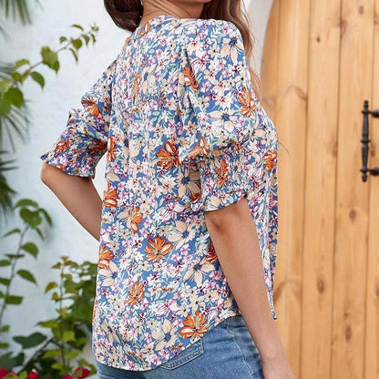 🌸Bluse mit Blumenmuster und Puffärmeln und V-Ausschnitt für Damen