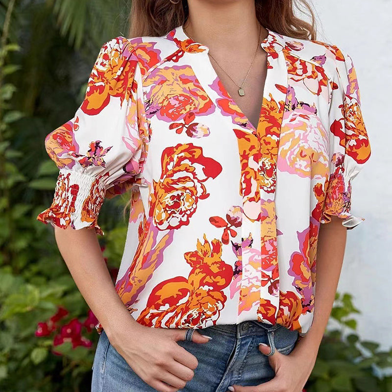 🌸Bluse mit Blumenmuster und Puffärmeln und V-Ausschnitt für Damen