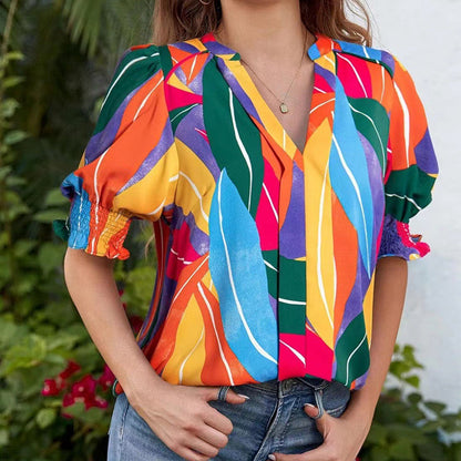 🌸Bluse mit Blumenmuster und Puffärmeln und V-Ausschnitt für Damen