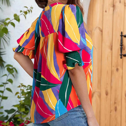 🌸Bluse mit Blumenmuster und Puffärmeln und V-Ausschnitt für Damen