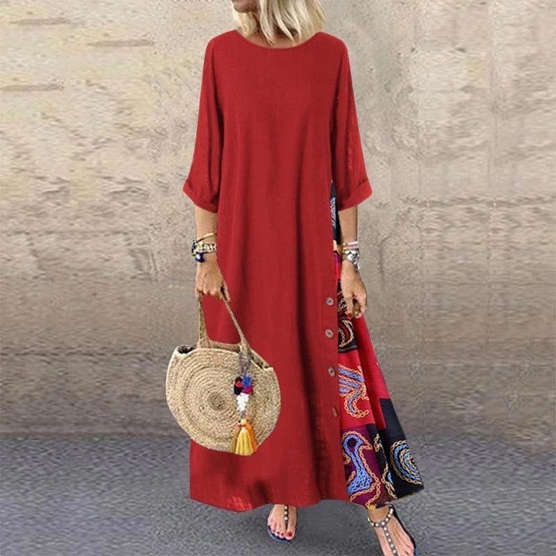 Langes Vintage-Kleid mit Blumendruck und Rundhalsausschnitt für Frauen