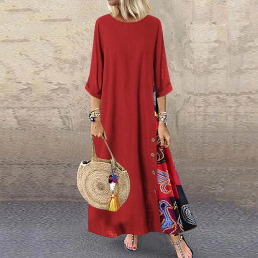 Langes Vintage-Kleid mit Blumendruck und Rundhalsausschnitt für Frauen