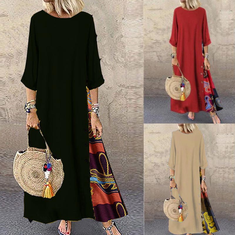 Langes Vintage-Kleid mit Blumendruck und Rundhalsausschnitt für Frauen