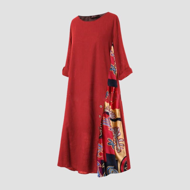 Langes Vintage-Kleid mit Blumendruck und Rundhalsausschnitt für Frauen