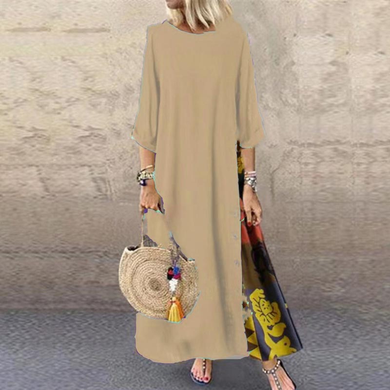Langes Vintage-Kleid mit Blumendruck und Rundhalsausschnitt für Frauen