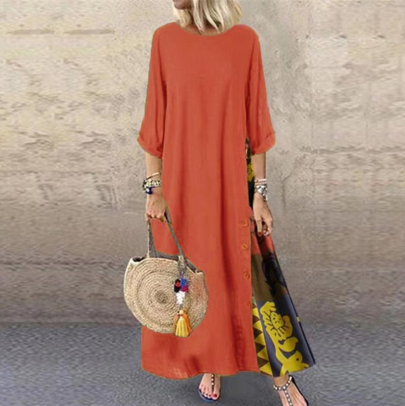 Langes Vintage-Kleid mit Blumendruck und Rundhalsausschnitt für Frauen