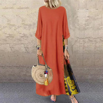 Langes Vintage-Kleid mit Blumendruck und Rundhalsausschnitt für Frauen
