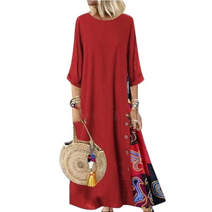 Langes Vintage-Kleid mit Blumendruck und Rundhalsausschnitt für Frauen