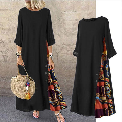Langes Vintage-Kleid mit Blumendruck und Rundhalsausschnitt für Frauen