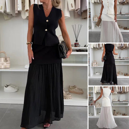 ✨2025 Sommerschlussverkauf✨💃Damen-Set aus Strickweste mit Goldknöpfen und Rock