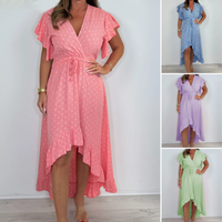 Damen Resort Style V-Ausschnitt Polka Dot Ruffle Sleeve Kleid