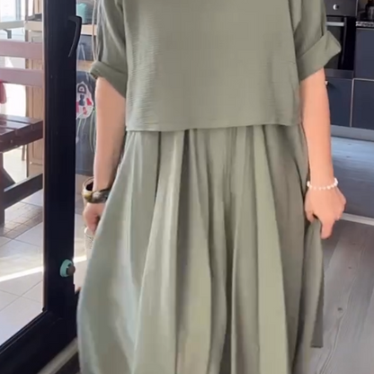 💐✨Bequemes und elegantes Zweiteiler-Set mit Rundhalsbluse und Rock aus Baumwolle und Leinen für Damen