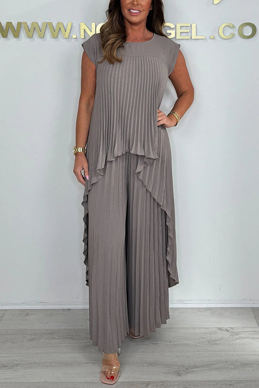 ✨50% Rabatt🌸Laney Set aus plissiertem, kurzärmligem, unregelmäßigem Midi-Top und Hose mit weitem Bein und elastischer Taille