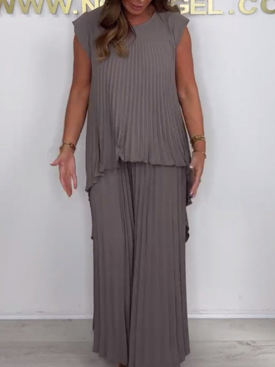 ✨50% Rabatt🌸Laney Set aus plissiertem, kurzärmligem, unregelmäßigem Midi-Top und Hose mit weitem Bein und elastischer Taille